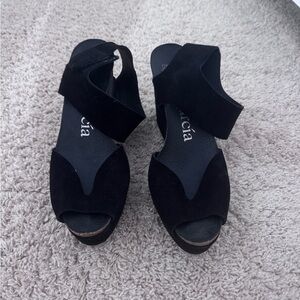 Pedro Garcia Black Wedge Sandals with Cross-Strap Design